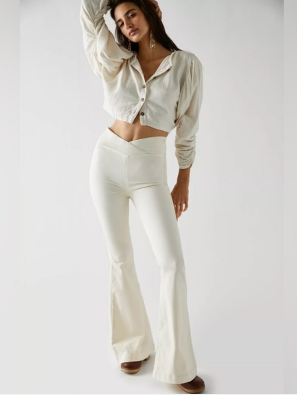 Free People Venice Beach High-Rise Cream Flare Pants with Crossover Waistband